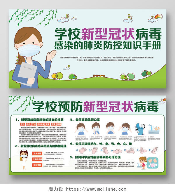 带口罩绿色清新学校新型冠状病毒感染的肺炎防控知识手册宣传展板